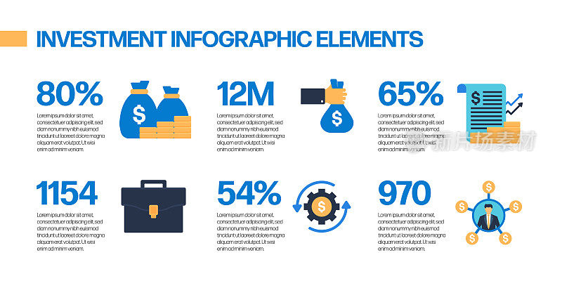 投资相关矢量集的平面图标和信息图形设计