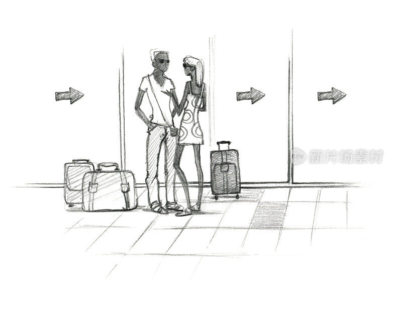 机场等候室。那个女孩和那个男人正站在箱子旁边。用石板笔画画。孤立在白色背景上。