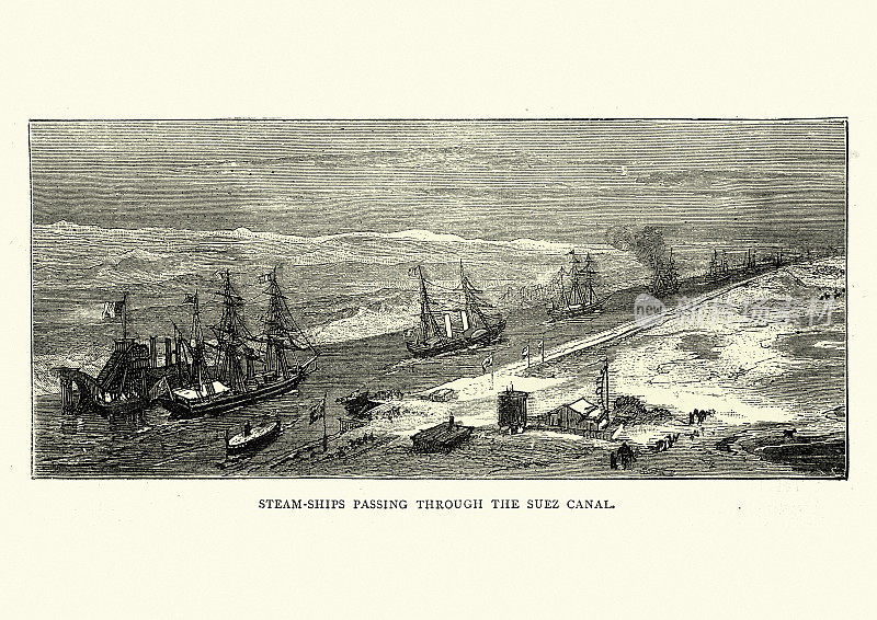 蒸汽船通过苏伊士运河，19世纪