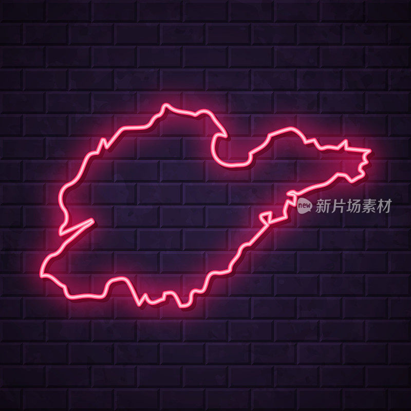 山东地图-砖墙背景上闪烁的霓虹灯