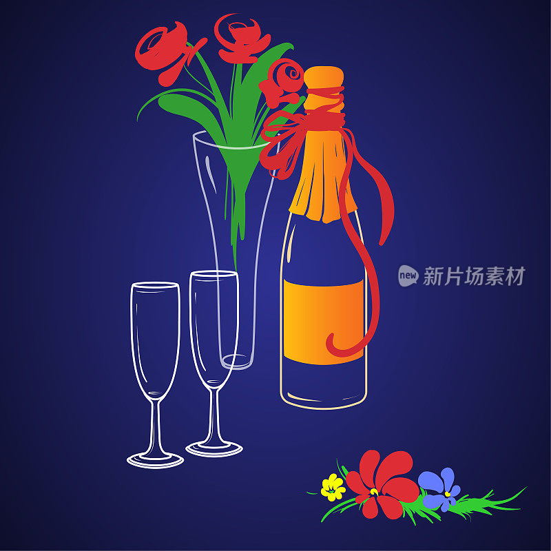 一瓶密封的节日包装的葡萄酒，两个高脚杯和一束玫瑰在一个透明的花瓶