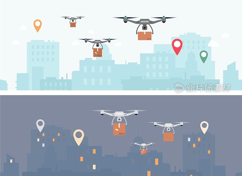 交付无人机横幅设置-未来无人机飞在白天和夜晚的城市