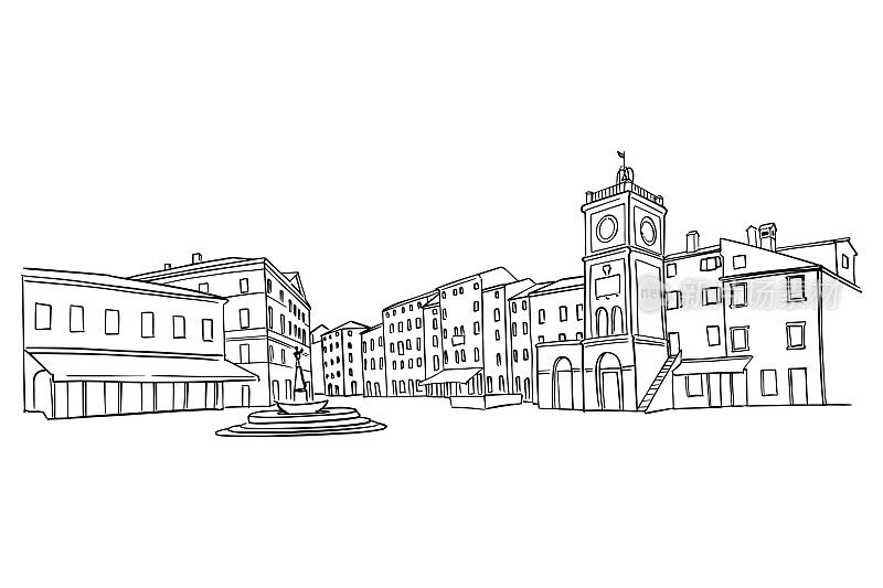 矢量草图的街道场景在古老的地中海小镇罗温吉，克罗地亚。