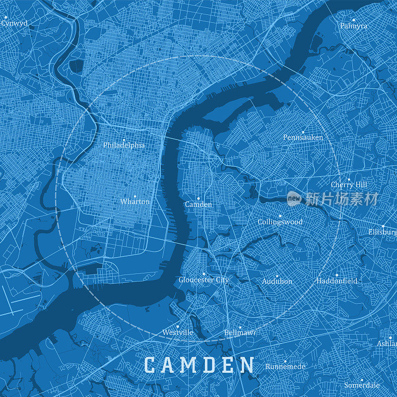 卡姆登新泽西州城市向量道路地图蓝色文本