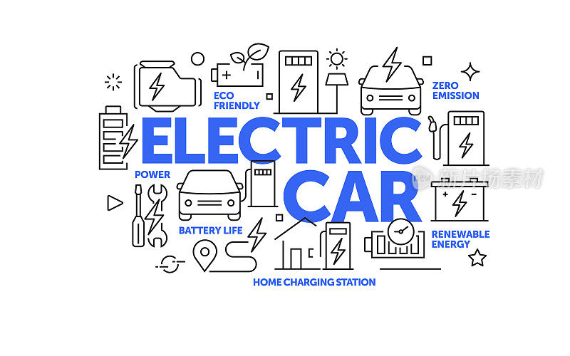 电动汽车相关的网页横幅线条风格。现代线性设计矢量插图的网站横幅，网站标题等。