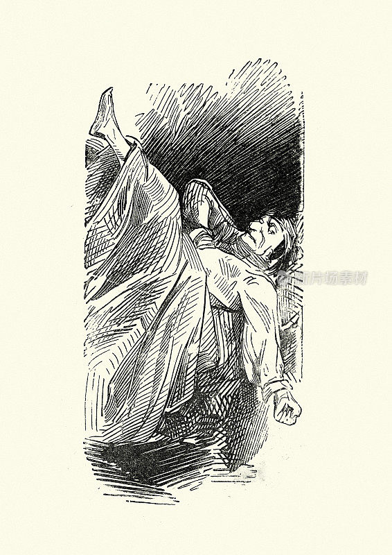 男人在不舒服的床上不安,漫画古斯塔夫多尔