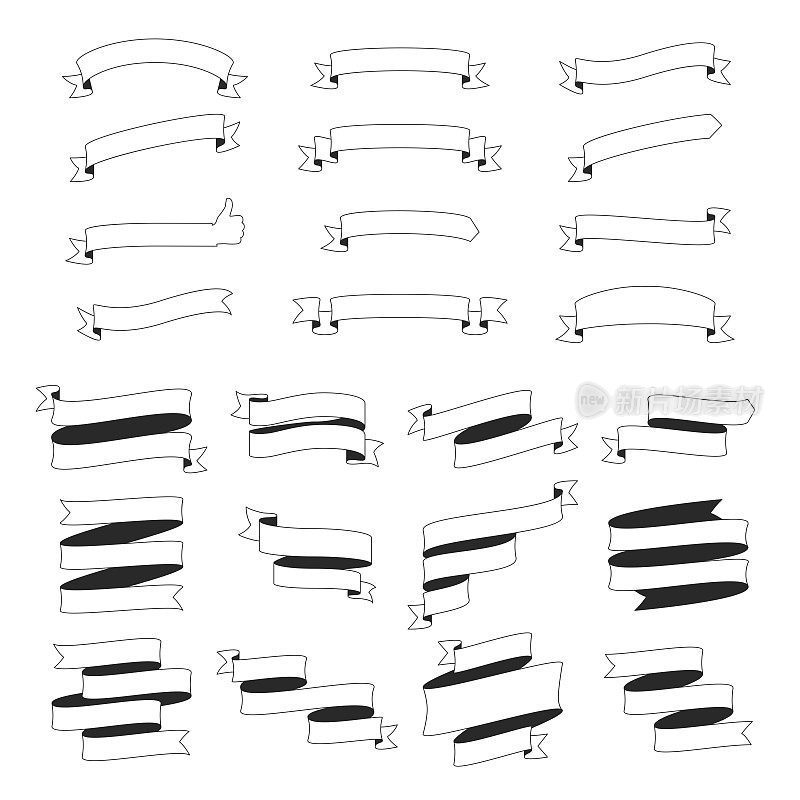 一套丝带，横幅(轮廓，线条艺术)-设计元素在白色的背景