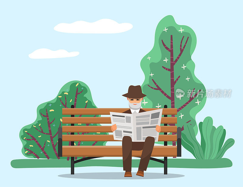 爷爷独自坐在公园里看报纸