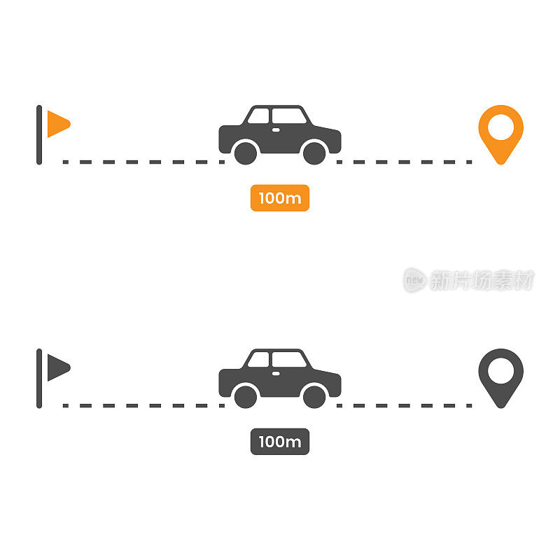 地图引脚和汽车路线图标。起点和终点矢量设计。