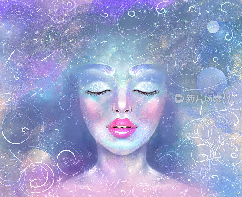 一个女孩的肖像与紧闭的眼睛对着星空的背景，宇宙。象征着启迪、心理健康、睡眠、宗教信仰和灵性