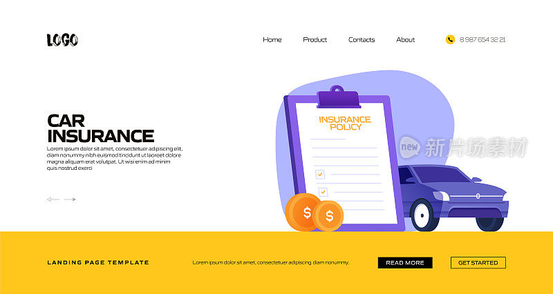 汽车保险概念矢量插图登陆页模板，网站横幅，广告和营销材料，在线广告，业务演示等。