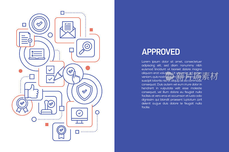 批准和检查标记的概念，向量插图批准和检查标记与图标