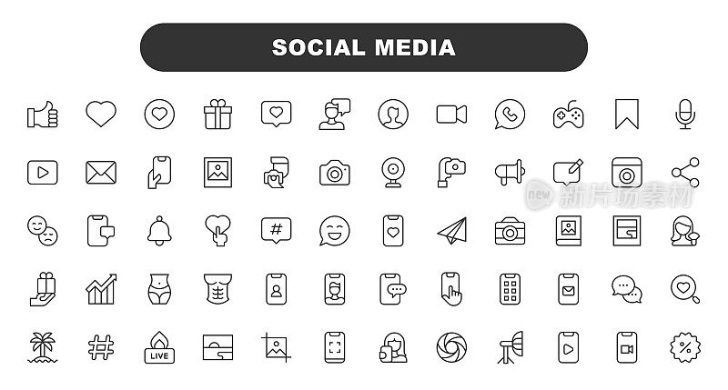 社交媒体线图标。可编辑的中风。包含这样的图标，如按钮，心，礼物，照片，消息，通知，语音气泡。