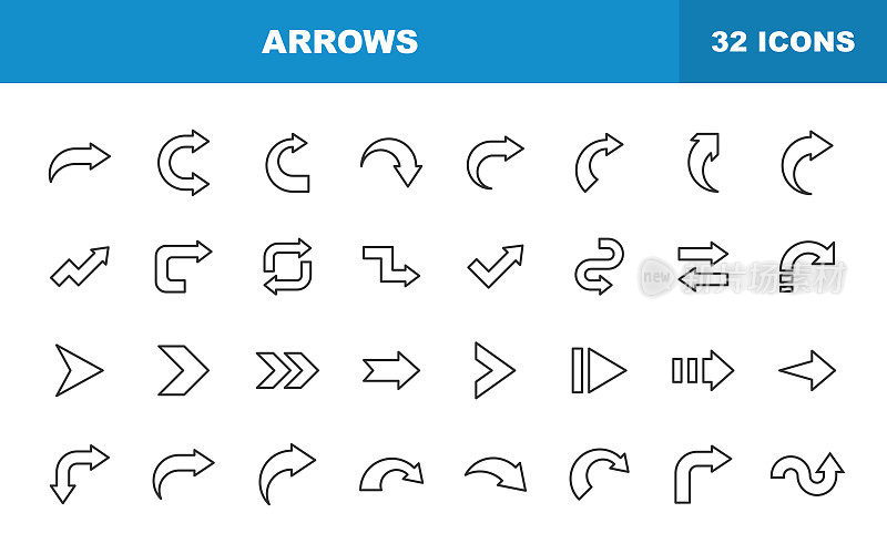 箭头线图标。可编辑的中风。包含诸如方向，交通标志，导航，用户界面设计，流程图等图标。