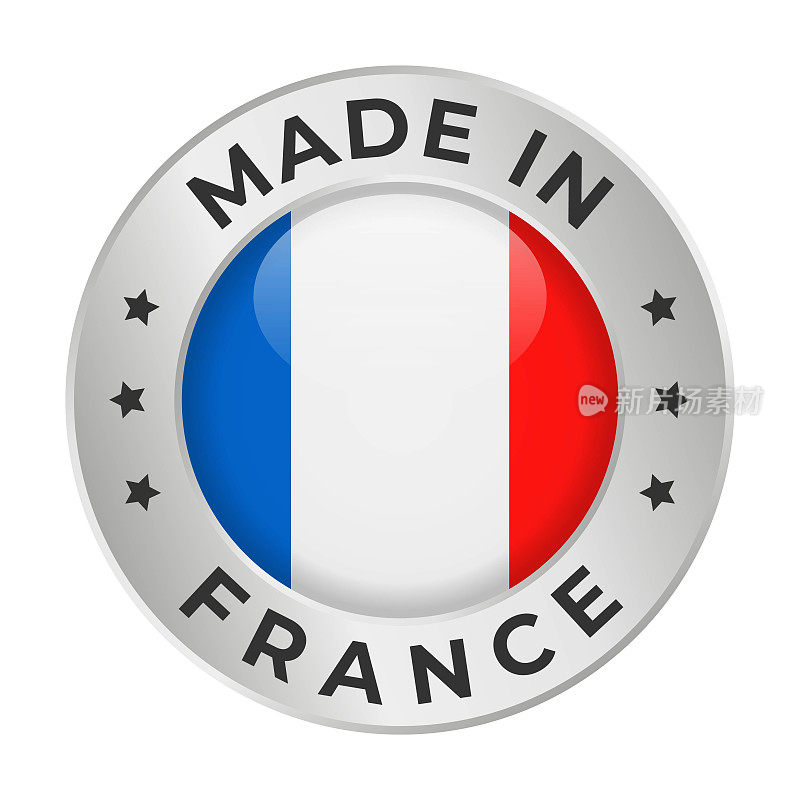 法国制造-矢量图形。圆形银色标签徽章，标志为法国国旗，文字为法国制造。白底隔离