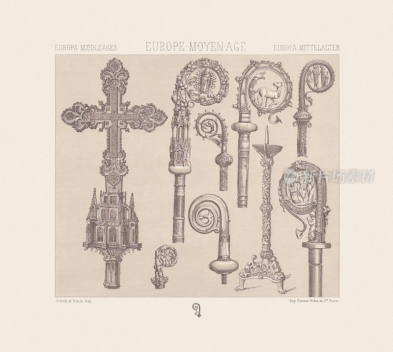 欧洲中世纪，教堂用具和主教杖，色版印刷，1888年