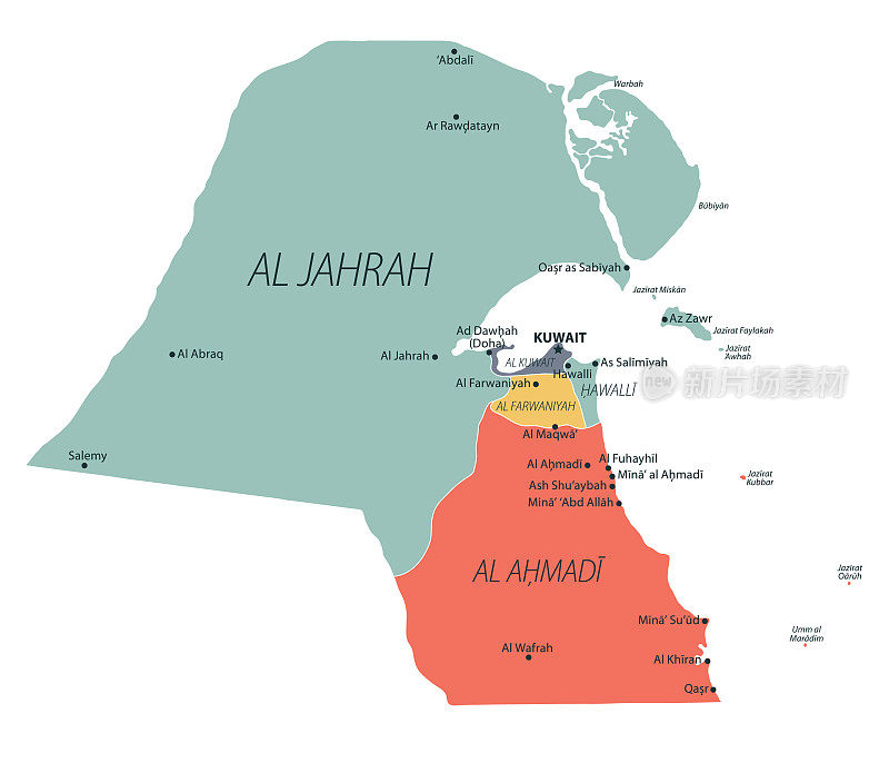 科威特的地图。科威特矢量彩色地图