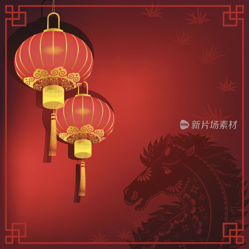 中国红灯笼与马剪纸背景