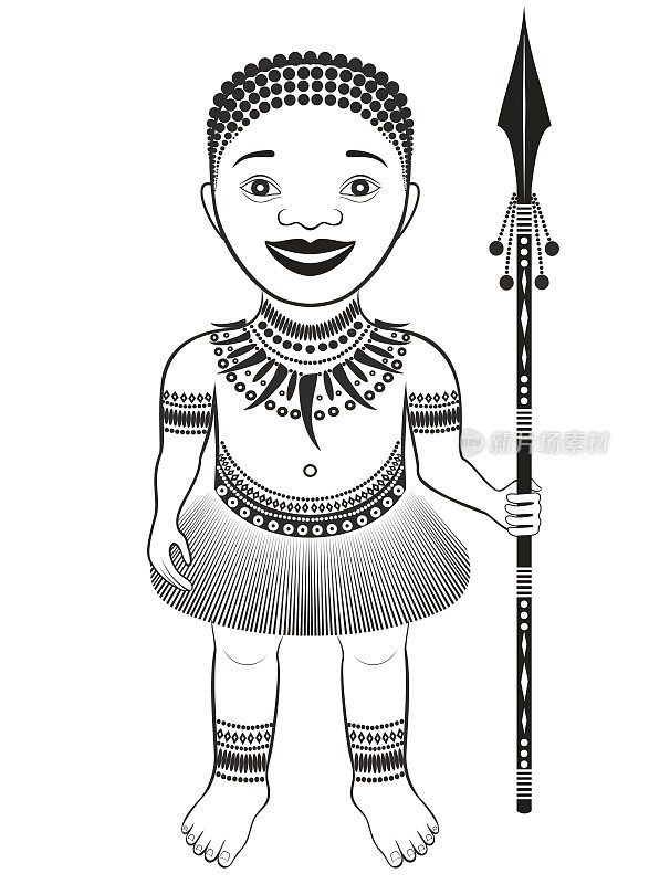 非洲部落特征。拿着矛的男孩。图形图案。