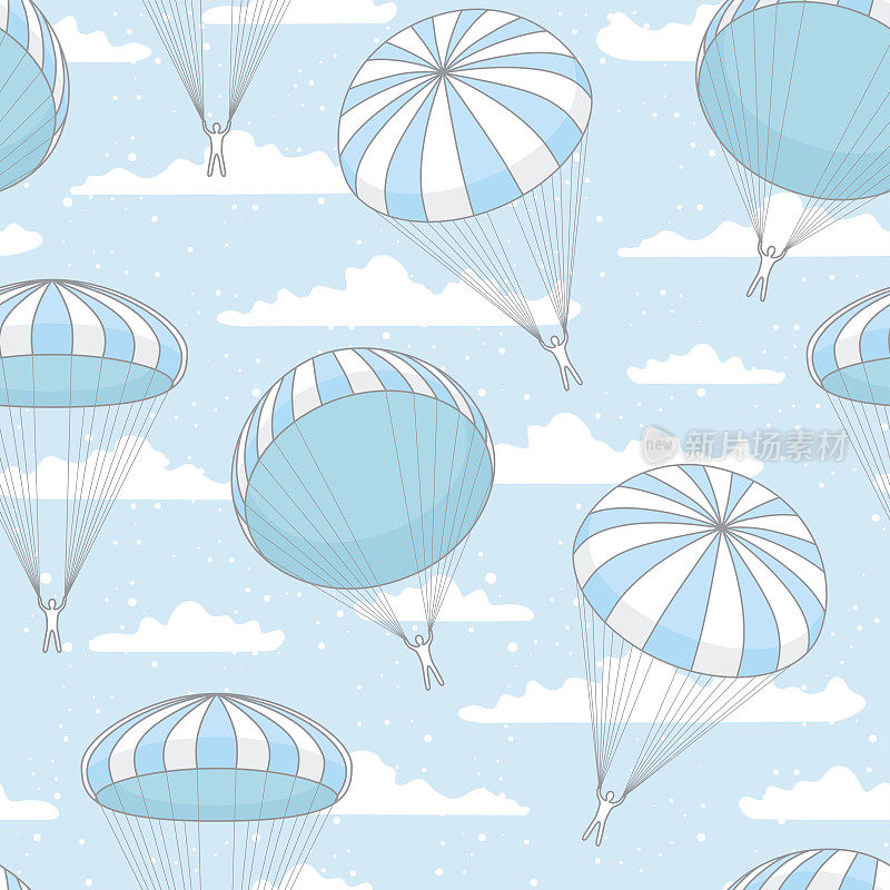 矢量无缝模式与蓝色降落伞，云和雪