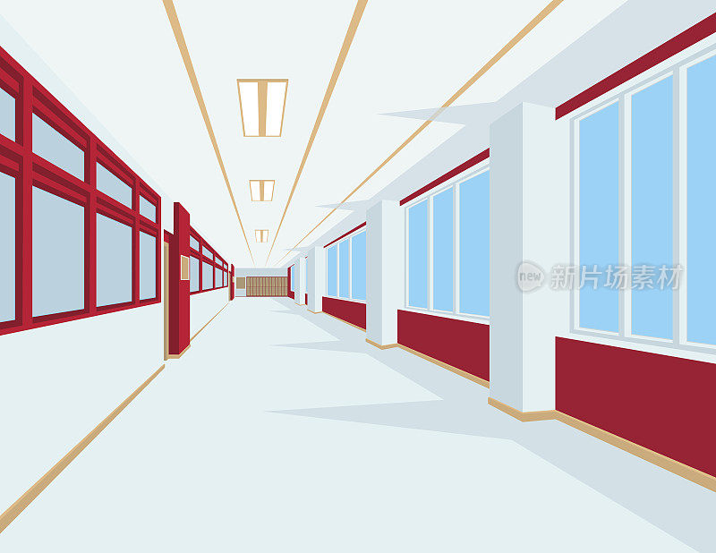 学校大厅内部为扁平风格。矢量插图的大学或学院走廊与窗户。