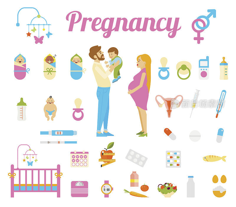 怀孕，出生和新生儿矢量图标。