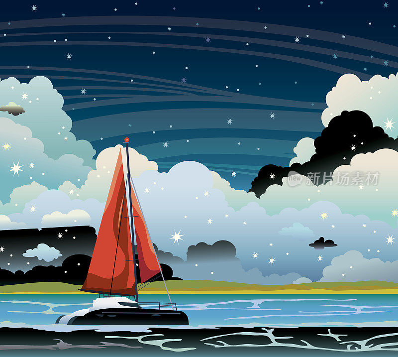 游艇，大海，云彩和夜空。夏天的风景。