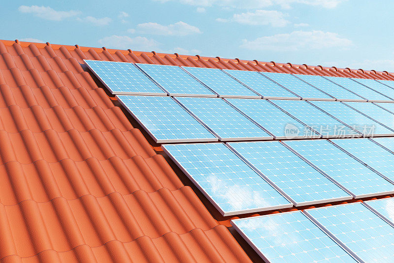 红色屋顶上的3D插图太阳能电池板反射无云的蓝天。能源和电力。替代能源，生态或绿色发电机。电力、生态、技术、电力。