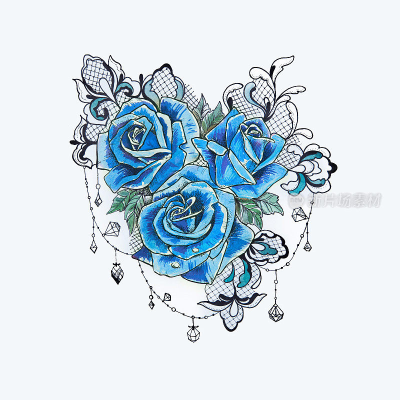 一幅以白色为背景的美丽的蓝色玫瑰花束的素描。