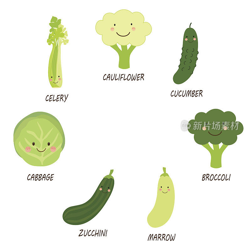 可爱微笑的绿色蔬菜