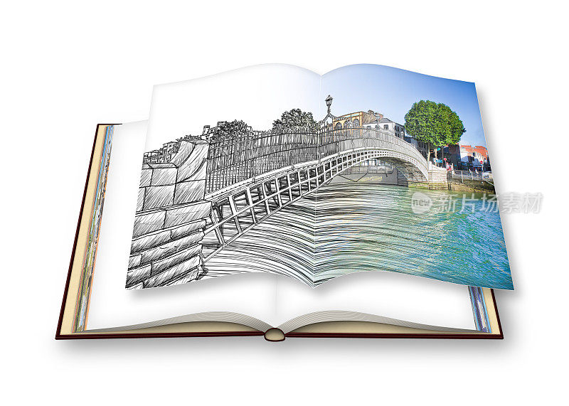 都柏林最著名的桥叫“半便士桥”-手绘草图概念图像-打开的照片册的3D渲染-我是在这个3D渲染中使用的图像的版权所有者。