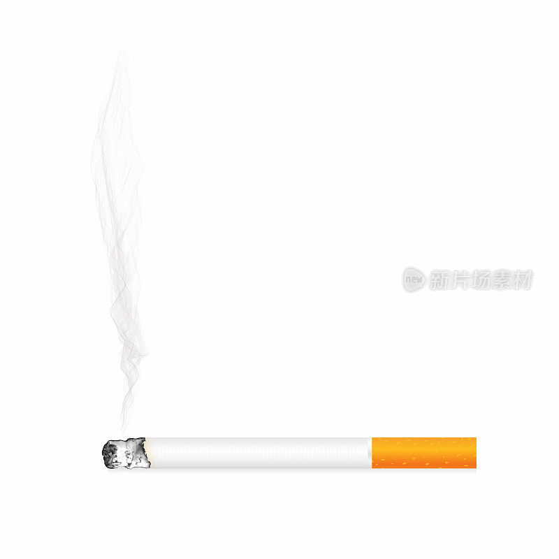 背景上有烟灰和烟雾的香烟。现实的冒烟的香烟，近距离观看