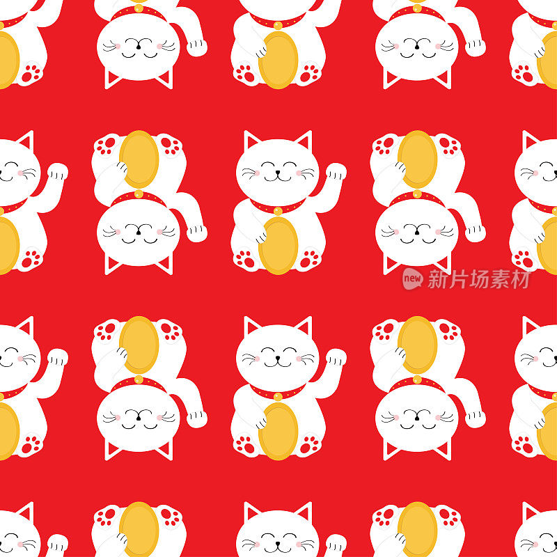 抱着金币的幸运猫。日本猫猫正挥着手爪子。可爱的角色。包装纸，纺织品模板。红色的背景。平面设计。