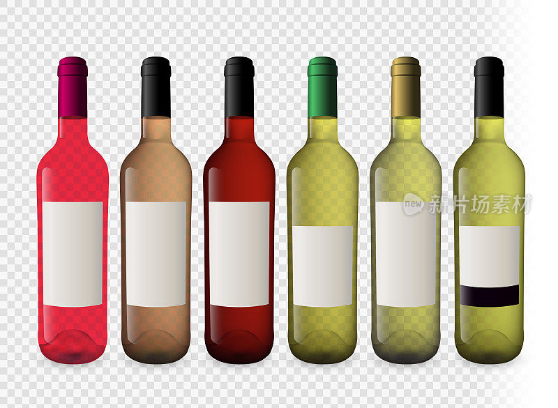 设置插图的酒瓶与透明的背景。一瓶白葡萄酒和rosé葡萄酒。不同颜色的插头。