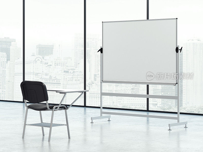 空房间里的白板和椅子。单个会话的概念。三维渲染