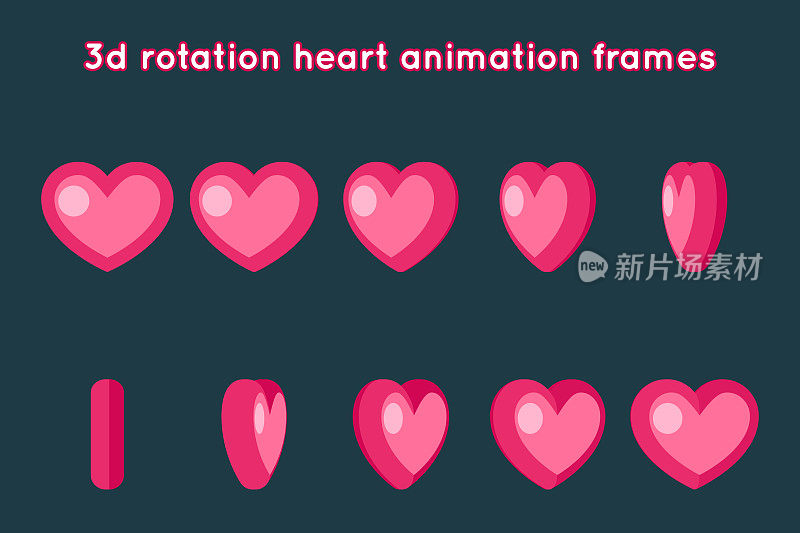 情人节3d心脏旋转动画帧设置平面设计矢量插图