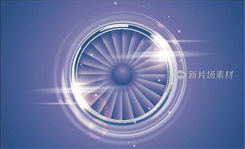 喷气发动机涡轮铬环在复古紫罗兰蓝色风格与镜头耀斑光效果。详细的飞机发动机前视图。矢量飞机涡轮飞机风扇，机械动力图标符号