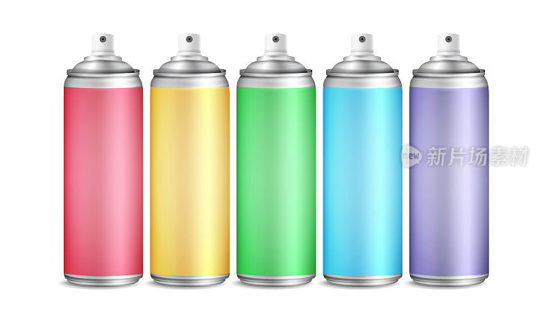 彩色喷雾可设置矢量。3D铝瓶。用于街头涂鸦的油漆喷雾剂。品牌设计，3D包装。模拟。孤立的插图