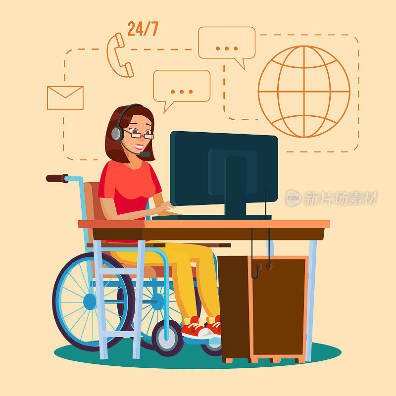 残疾妇女工作载体。社会化的概念。坐在轮椅上的人。孤立的平面卡通人物插图