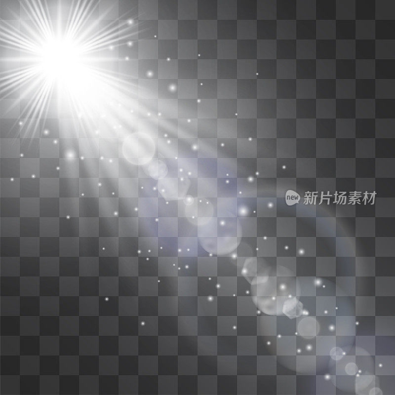 银白色发光矢量聚光灯效果，星星泛光灯，投影仪光线与太阳照射冷晕。装饰晶莹的雪尘。闪光和热点设计细节透明的背景。