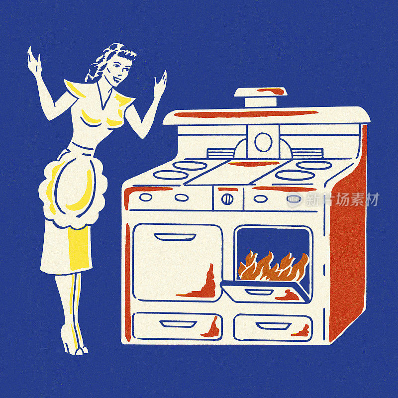 烤箱里有火焰的家庭主妇