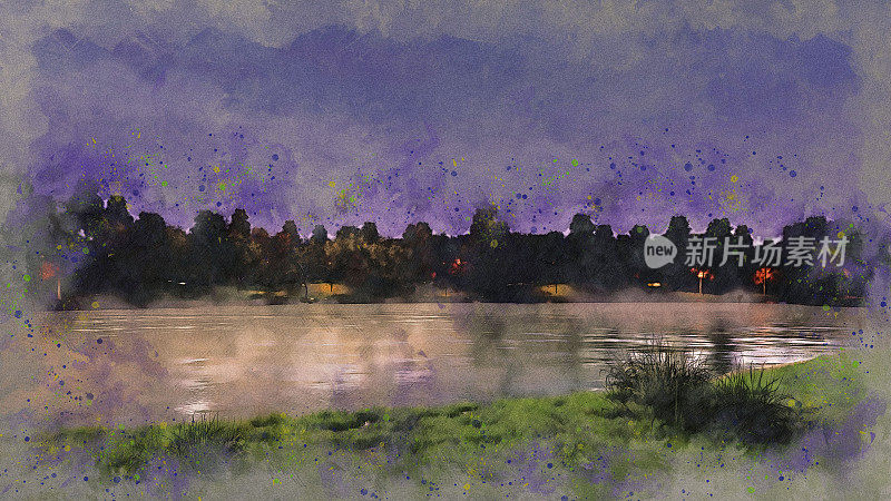 湖岸或池塘的夜景水彩画