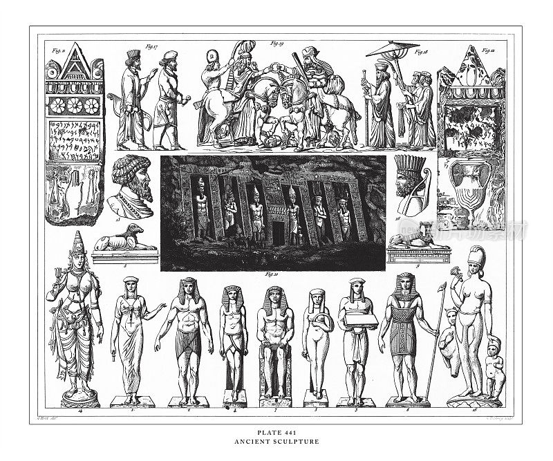 古代雕塑、版画、古董插图，1851年出版