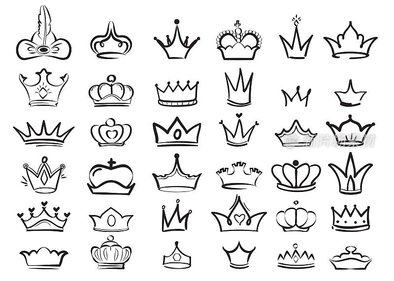 皇冠涂鸦。帝王王冠象征着威严的素描向量集