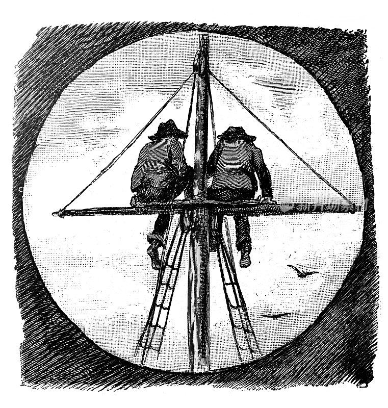 两个人正坐在帆船的桅杆上
