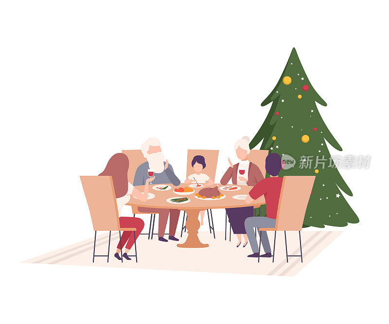 幸福的家庭坐在餐桌一起矢量插图