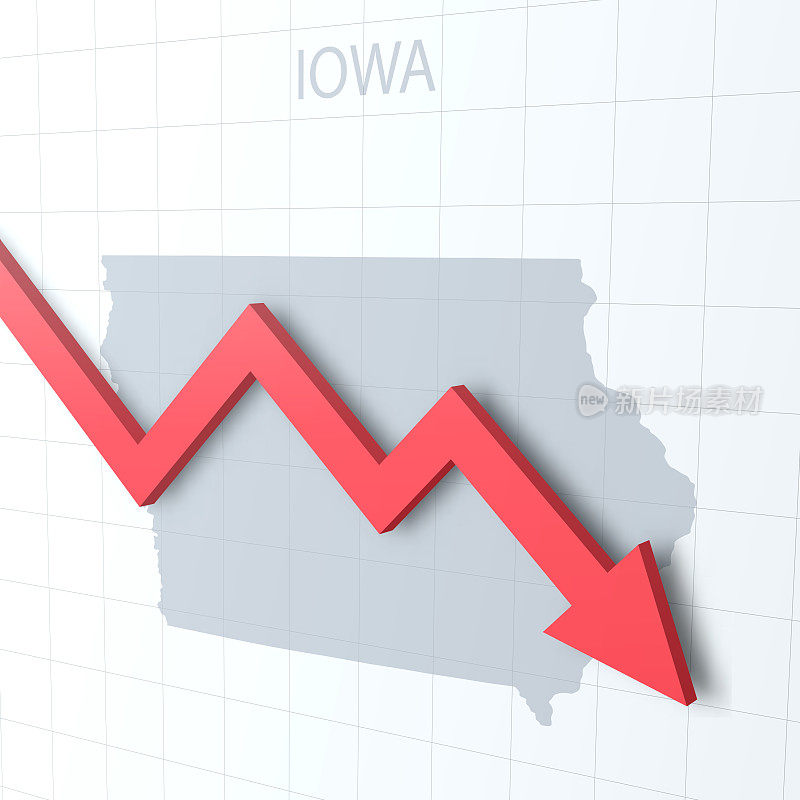 落下的红色箭头，以爱荷华州的地图为背景