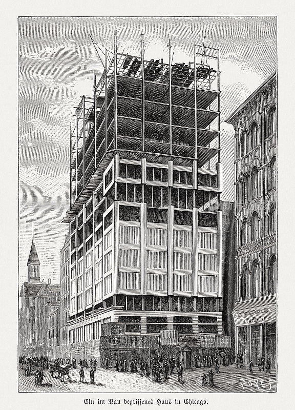 美国伊利诺斯州芝加哥的高层建筑，木刻，出版于1895年