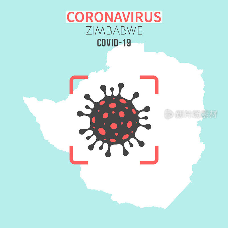 津巴布韦地图，红色取景器中有冠状病毒细胞(COVID-19)