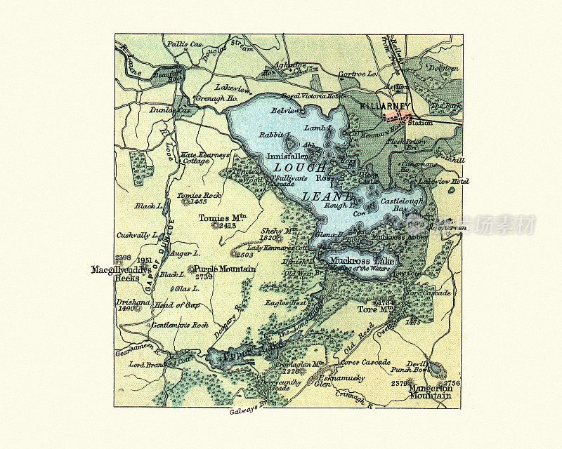 19世纪爱尔兰基拉尼和利恩湖的古董地图